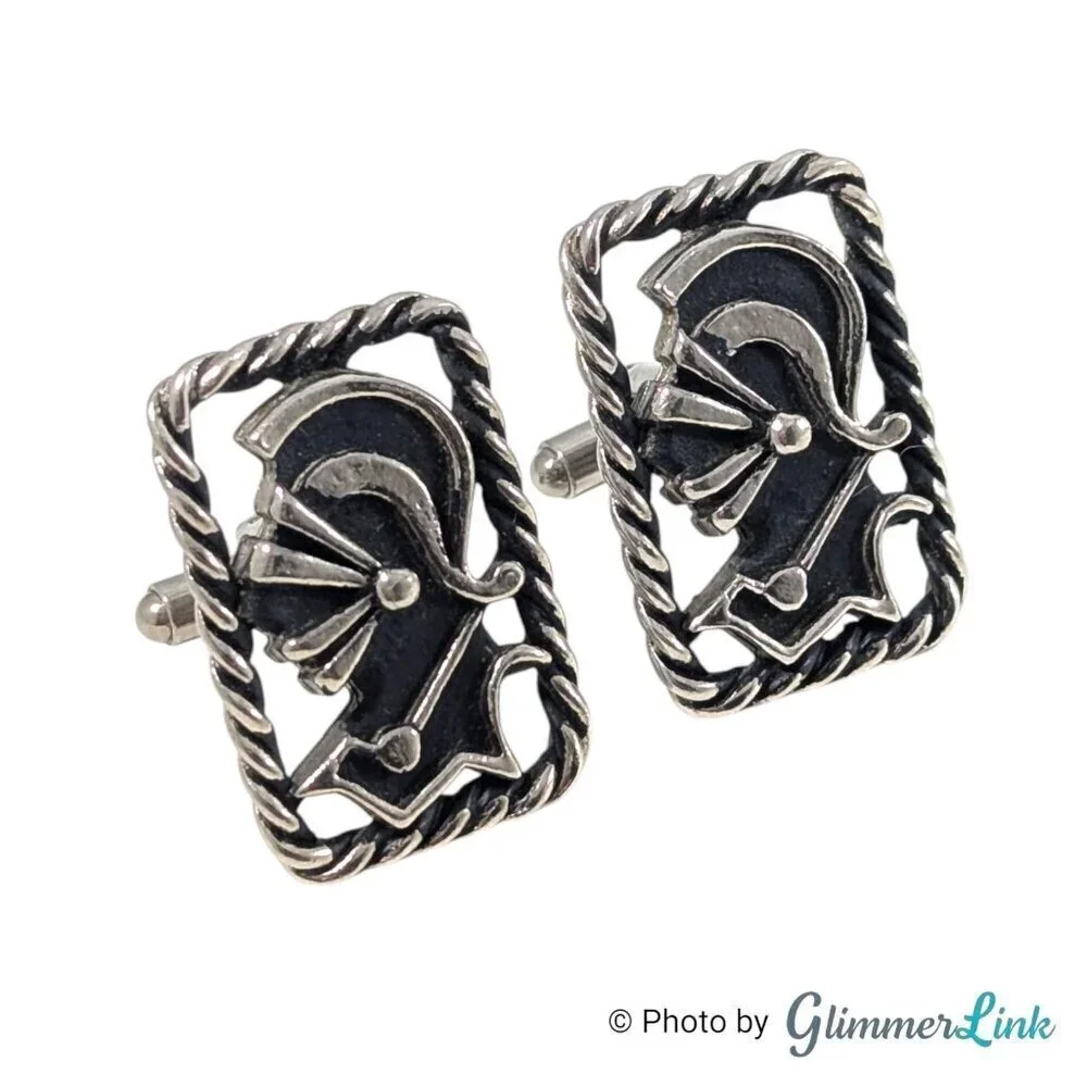 Vintage Knight Centurion Rectangular Rope Black Silver Tone MCM Cufflinks